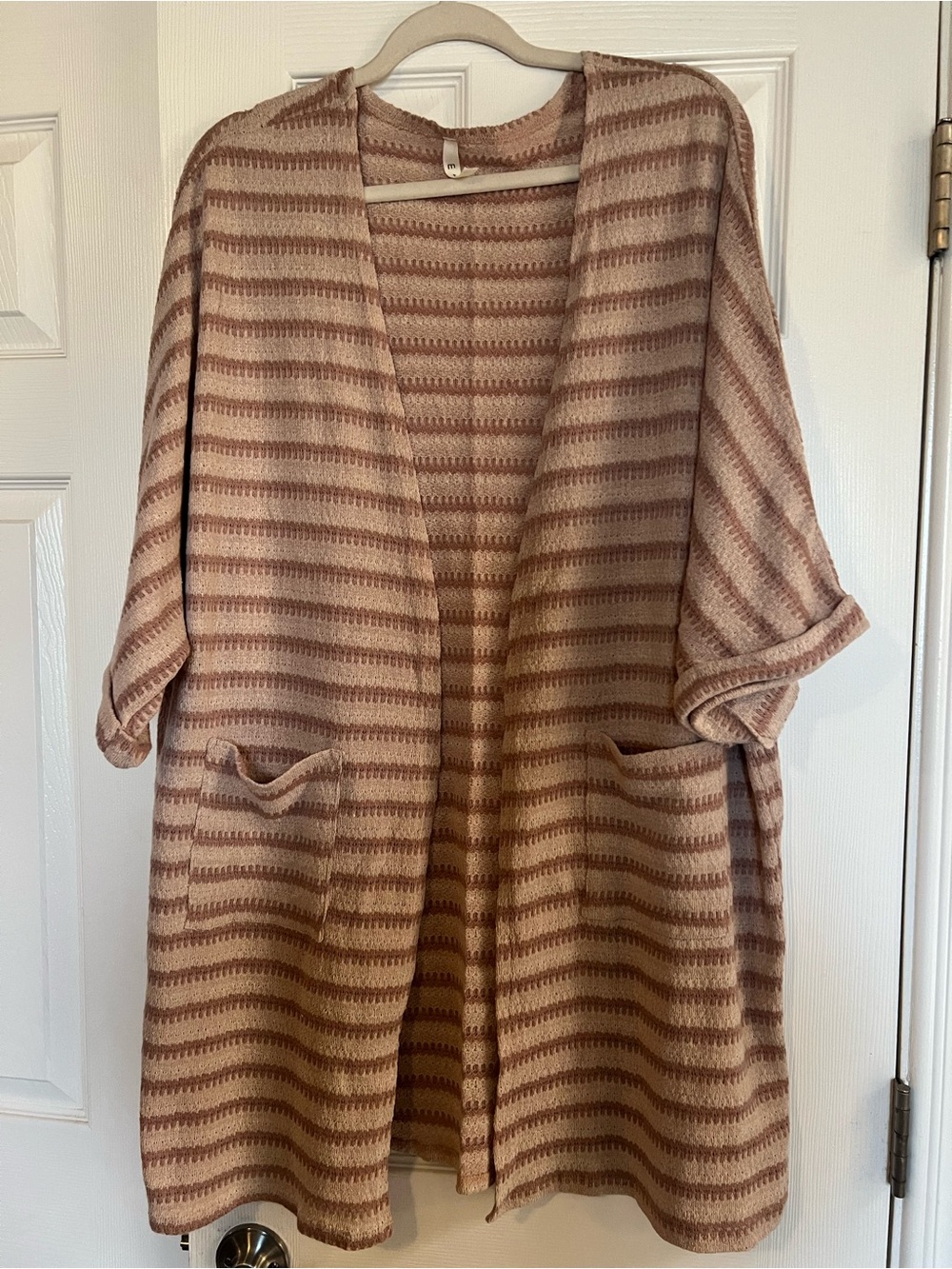 Open-Front Striped Kimono Cardigan - Blush and Taupe